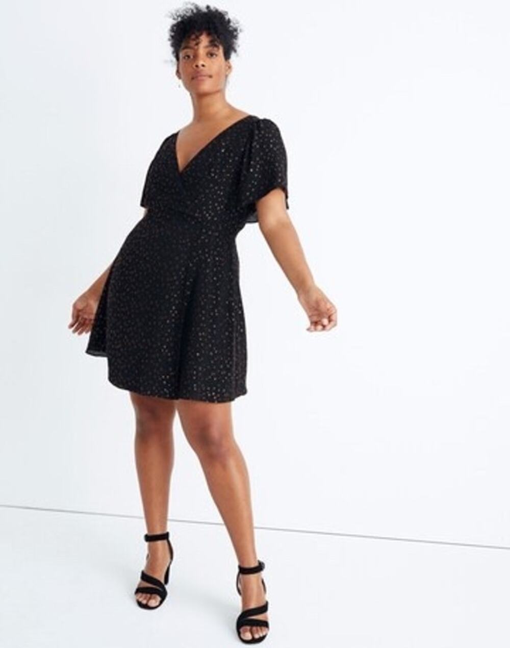 Madewell Cape-Sleeve Mini Dress Size 10 Metallic Rose Gold Swiss Dot BlackWrap